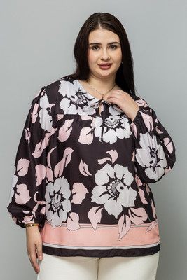 PURYS Casual Floral Print Women Black Top