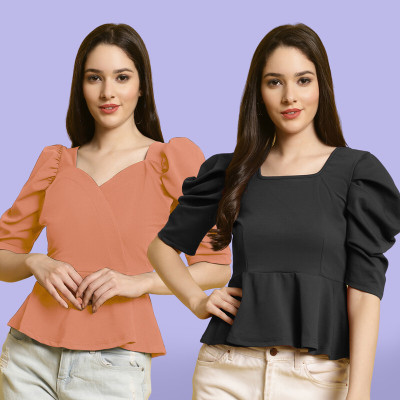 Fabflee Casual Solid Women Orange, Black Top