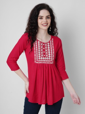 Women Planet Casual Embroidered Women Red Top