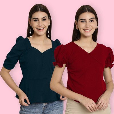 Tromko Casual Solid Women Dark Green, Red Top