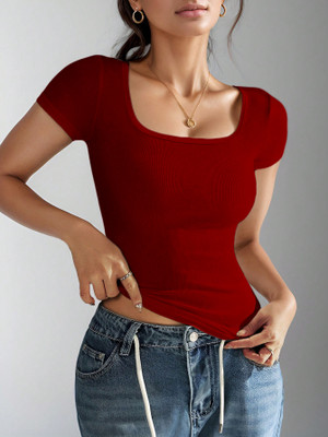 ANBICH DESIGNS Casual Solid Women Maroon Top