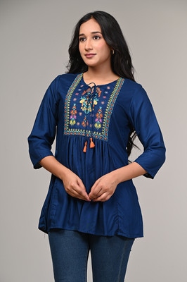 khwaishein Casual Embroidered Women Dark Blue Top