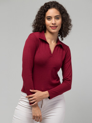 Alveen Empire Casual Self Design Women Maroon Top