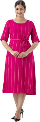 DMP FASHION Women A-line Red, Gold Midi/Calf Length Dress