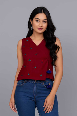 Majoka Creations Casual Embroidered Women Red Top