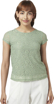 Honey By Pantaloons Casual Self Design Women Light Green Top