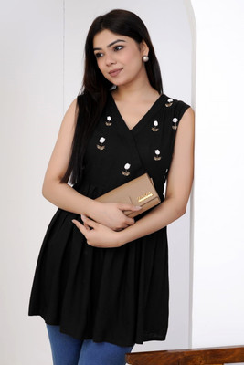 rudraksh impex Casual Embroidered Women Black Top
