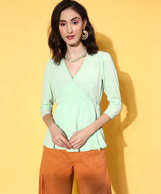 SASSAFRAS Casual Self Design Women Green Top