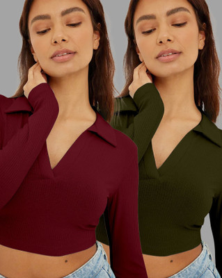 ENITOR Casual Striped Women Maroon, Dark Green Top