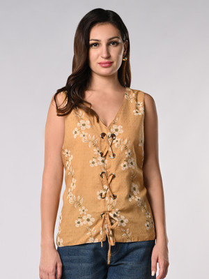 IZEL Casual Embroidered Women Beige Top
