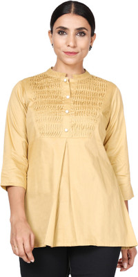 HouseOfCommon Casual Solid, Self Design Women Yellow Top