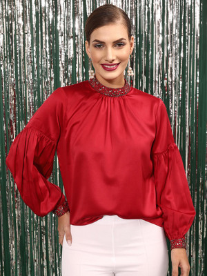 STREET9 Casual Embellished, Solid Women Red Top