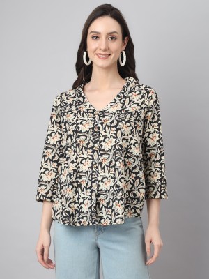 Janasya Casual Floral Print Women Black Top