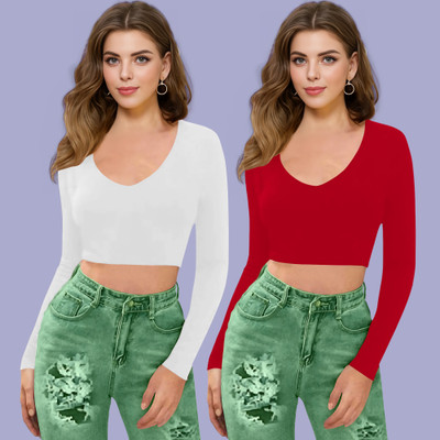 Maheshvi Casual Solid Women Red, White Top