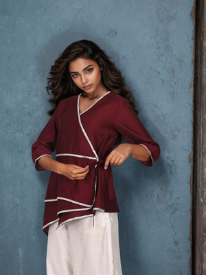 Dora Dori Party Solid Women Maroon Top