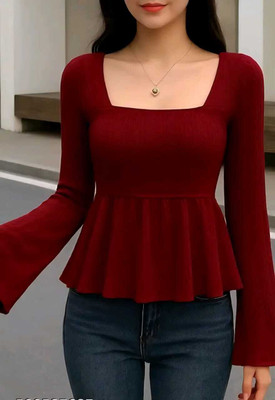 Stylish fancy Minzo top Casual Self Design Women Maroon Top