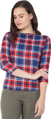 HouseOfCommon Casual Checkered Women Dark Blue Top