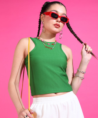 POPWINGS Casual Self Design Women Dark Green Top