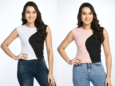 GLADLY Casual Color Block Women White, Pink Top
