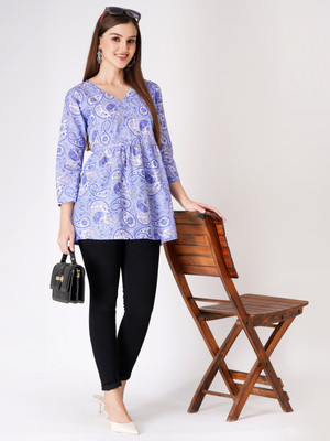 Shapes and Weaves Casual Printed Women Blue Top
