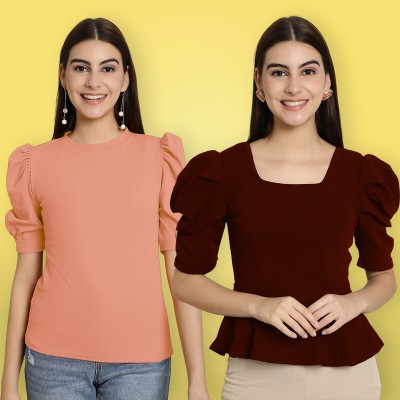 METRONAUT Casual Solid Women Pink, Maroon Top