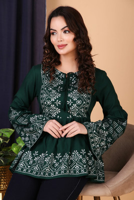 Yuvanj Casual Printed Women Dark Green Top
