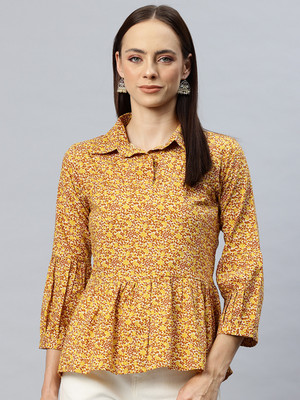 Cottinfab Casual Printed Women Maroon, Yellow Top