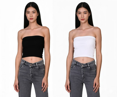 PINOVO Casual Solid Women Black, White Top