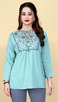 MAPRI Casual Embroidered Women Light Blue Top