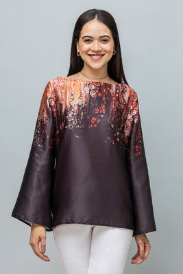 PURYS Casual Floral Print Women Black Top