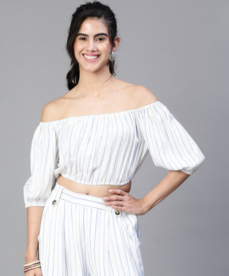OXOLLOXO Casual Self Design Women Blue, White Top