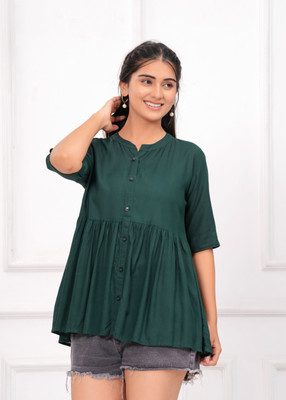 canvir Party Solid Women Dark Green Top