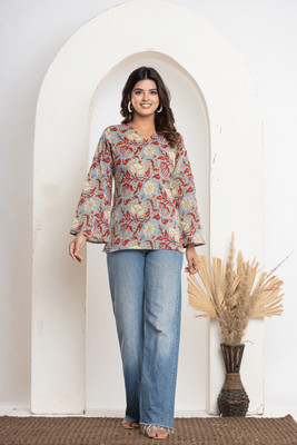 Cullman Casual Floral Print, Printed, Self Design, Animal Print, Geometric Print Women Grey Top