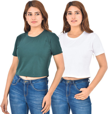 QuaClo Casual Solid Women White, Dark Green Top
