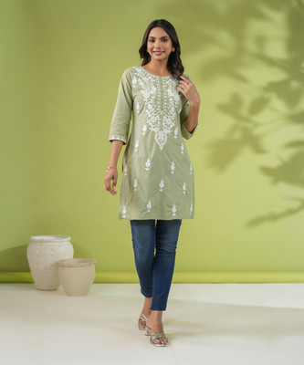 Janasya Casual Embroidered Women Light Green Top