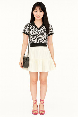 SUGARCANNE Casual Geometric Print, Printed Women Black, White Top