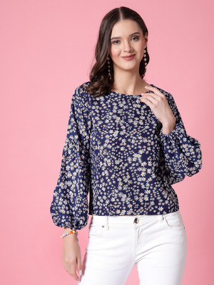 Oomph! Casual Printed Women Dark Blue, White, Orange Top