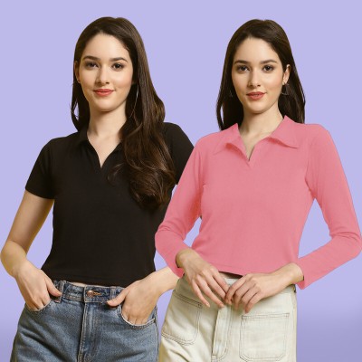 METRONAUT Casual Solid Women Black, Pink Top