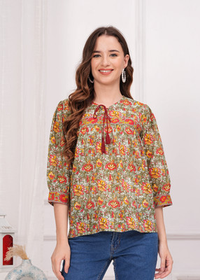 Myaza Casual Floral Print Women Dark Green, Red Top