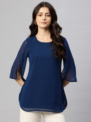 Cottinfab Casual Solid Women Dark Blue Top
