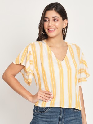 CHARMGAL Casual Striped Women Yellow, White Top