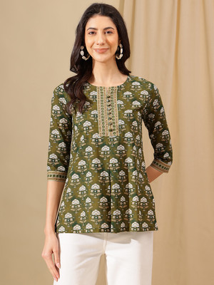 Janakdulari Creation Party Printed Women Green Top