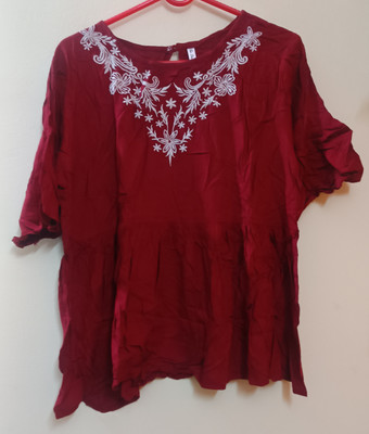 ishaanvi fashion Casual Embroidered Women Maroon Top