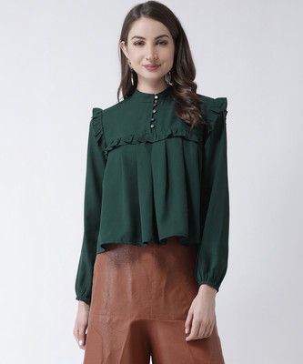 KASSUALLY Casual Regular Sleeve Solid Women Green Top