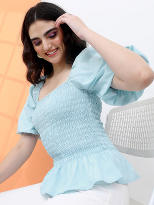 Tokyo Talkies Casual Solid Women Blue Top