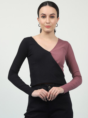 RIGO Casual Color Block Women Black Top
