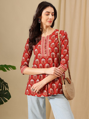Janakdulari Creation Party Printed Women Red Top