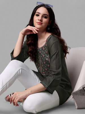 Youthnic Women Embroidered A-line Kurta(Grey)