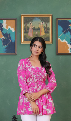 PS FASHION Casual Floral Print Women Pink Top