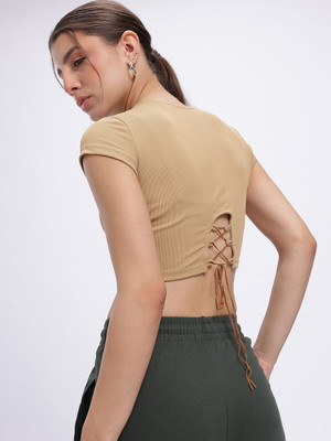Glitchez Casual Self Design Women Beige Top